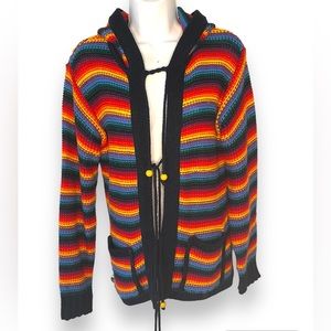 Vintage Montage Rainbow Multicolored Tie Front Hooded Cardigan Knit Sweater